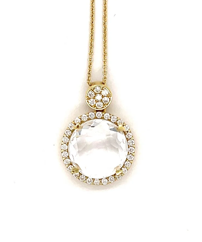 Women’s statement gemstone necklaces-Mini Round Clear Quartz Pendant with Diamonds 286-JSA