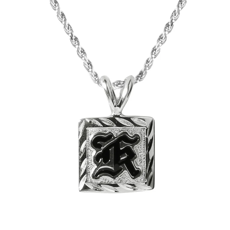 Women’s layered necklaces-Sterling Silver Custom-Made Initial Pendant Black Raise Letter Diamond Cut Edge 12mm