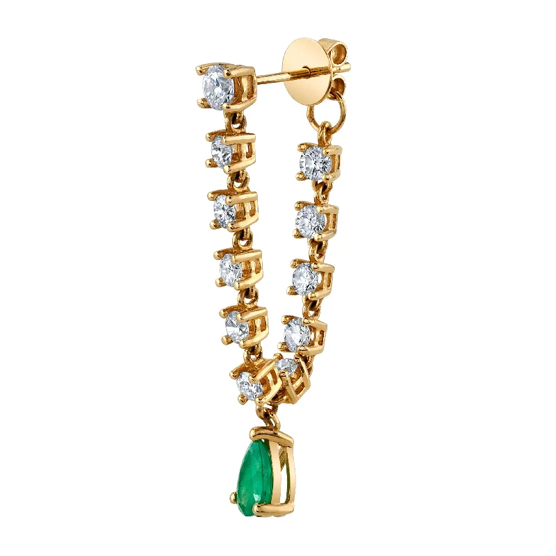 Women’s gemstone drop earrings-Diamond Chain Earring with Emerald Drop