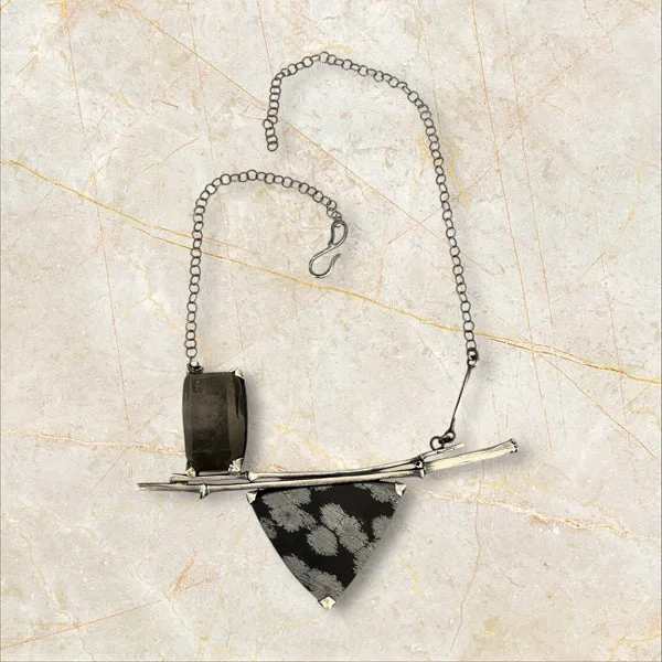 Women’s charm necklaces-Fine Chain Prong Set Stones  Topaz and Snowflake Obsidian mounted on Silver twigs