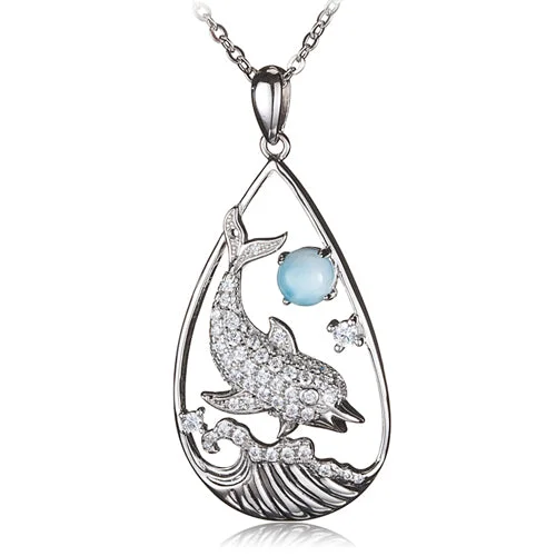 Women’s romantic gold necklaces-Diving Dolphin with Larimar Bead in Water Drop Shape Pendant(Chain Sold Separately)