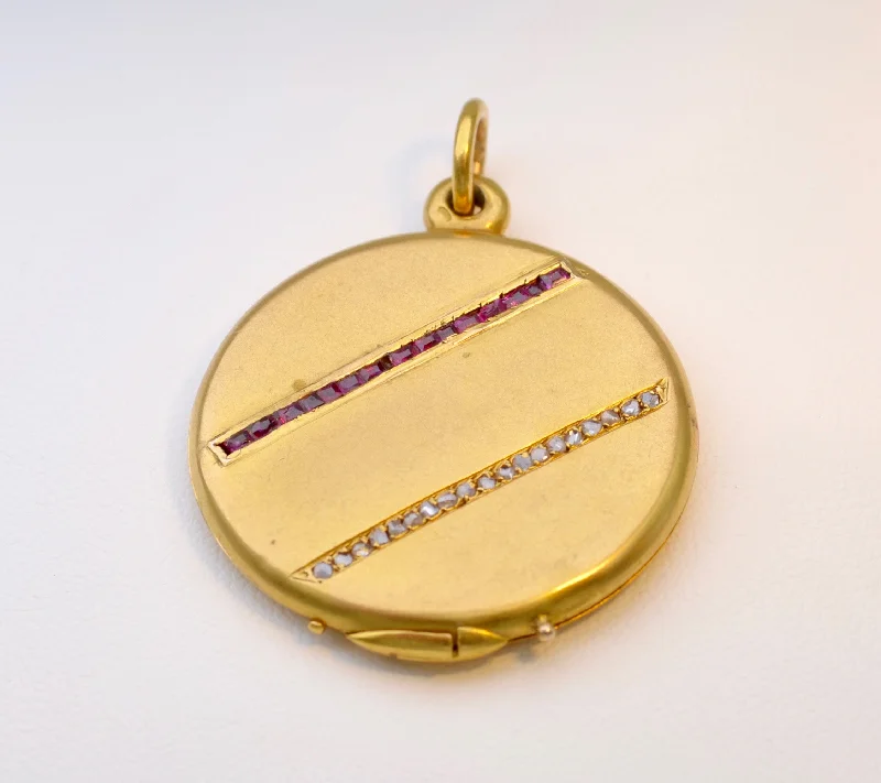 Antique 18K Yellow Gold Locket with Ruby and Diamond Trims