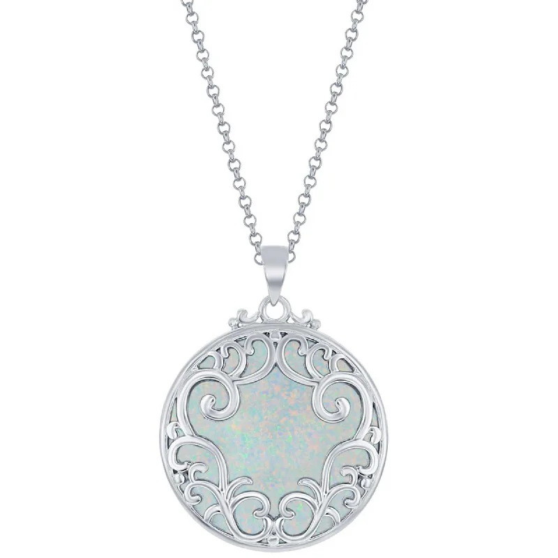 Women’s fashion chain necklaces-Opalata Women's Pendant with Chain - Round Filigree Design Round White Opal | K-8726