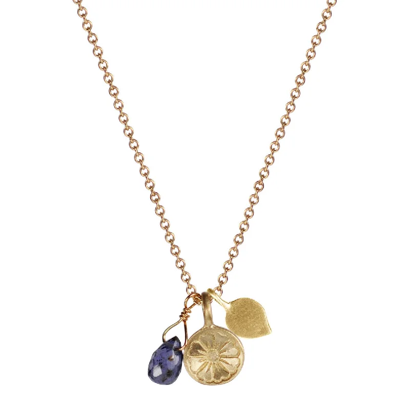 Women’s contemporary necklaces-10K Gold Flower Trinket on Chain with Lotus Petal and Iolite Bead