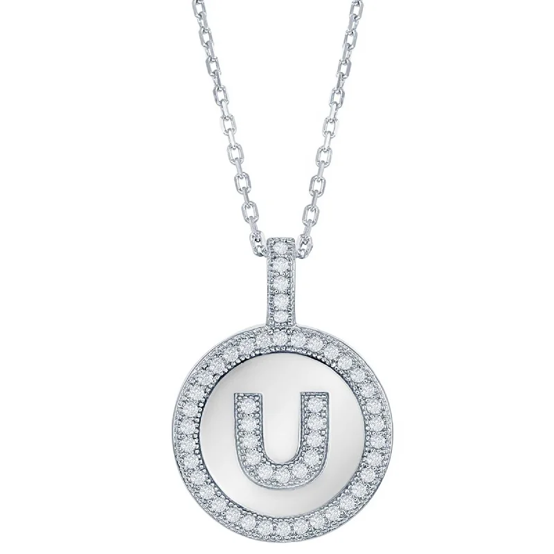 Women’s layered gold necklaces-Classic Women's Pendant with Chain - Sterling Silver Micro Pave Circle "U" | K-6775