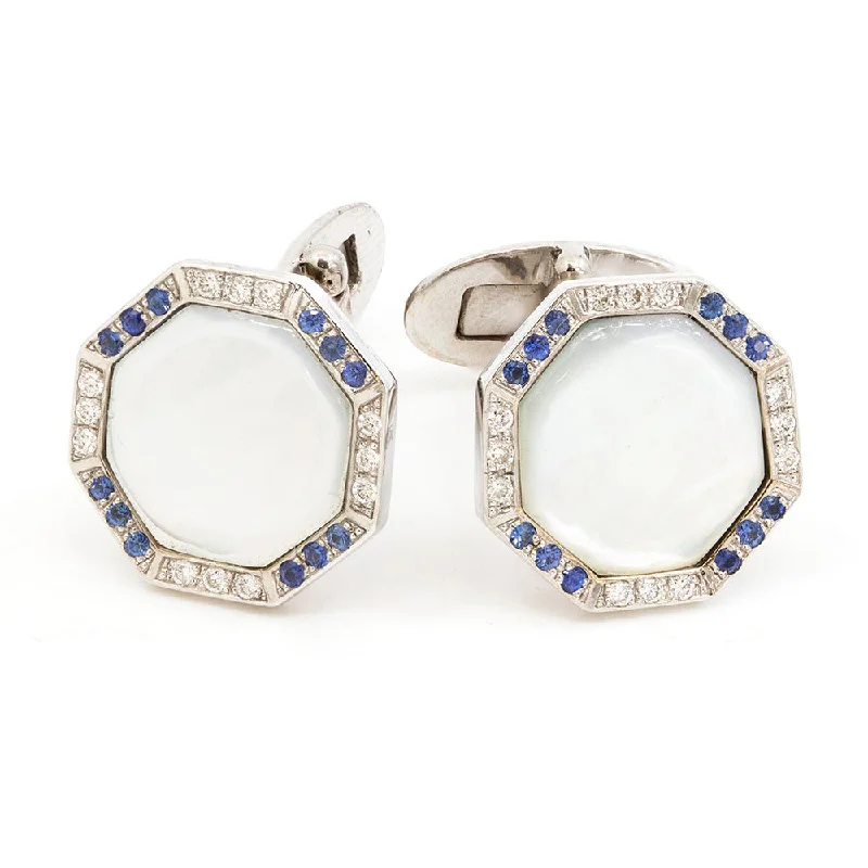 Octagonal Mother of Pearl Cufflinks with Diamonds & Sapphires