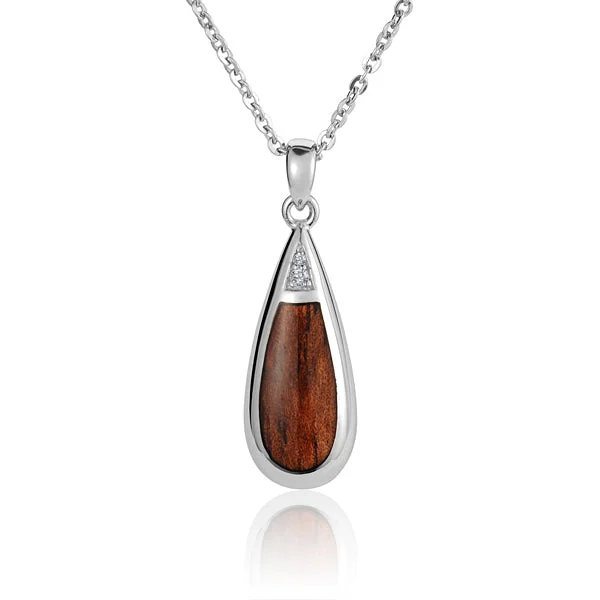 Women’s lock necklaces-Koa Wood Inlaid Tear Drop with Two Cubic Zirconia Pendant (Chain Sold Separately)