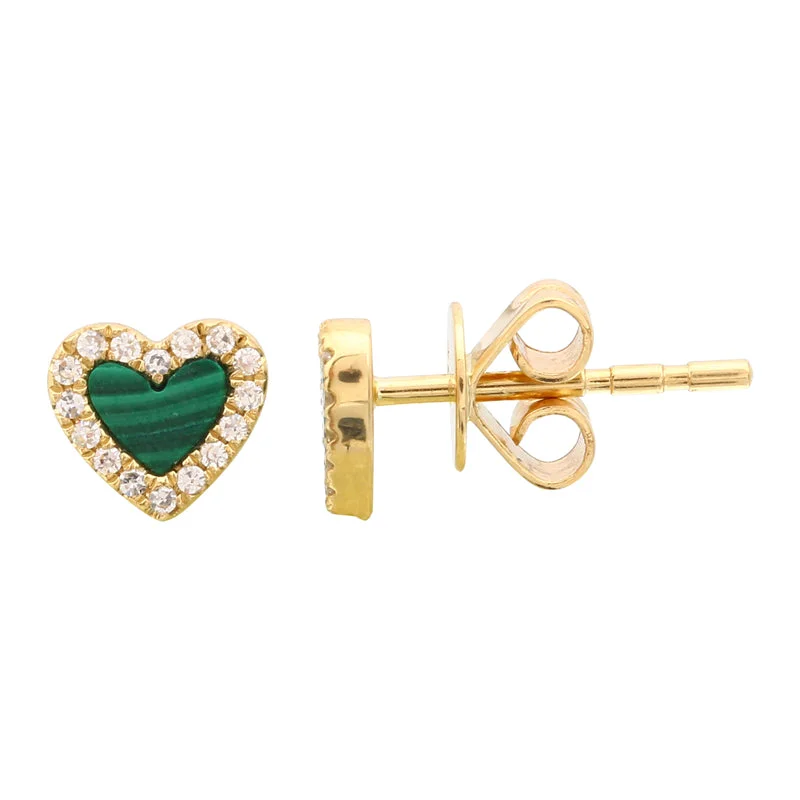 Women’s fashion earrings-14K Yellow Gold Malachite Heart with Diamond Pave Earring