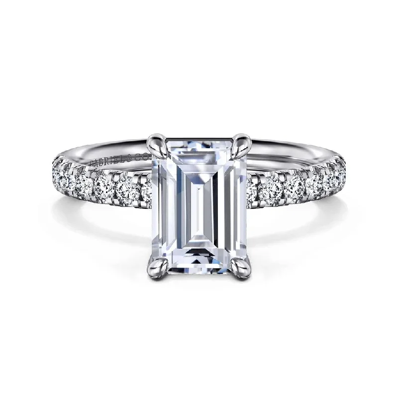 Gabriel & Co. Winslow - 14K White Gold Emerald Cut Plain Head On 2.2mm Shank With Pave' Diamonds Half Way