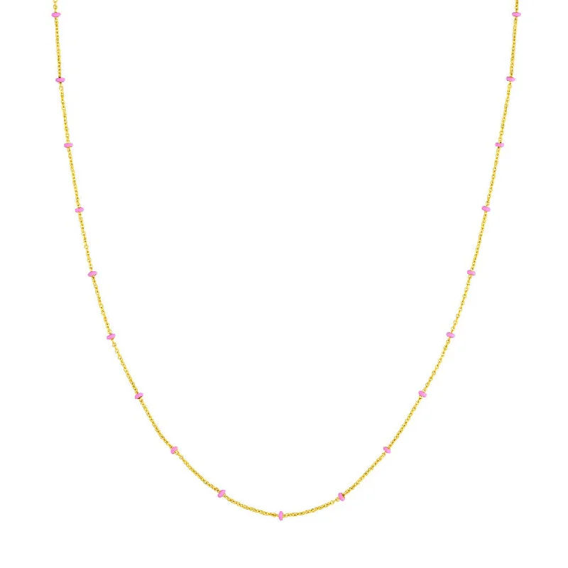 Women’s luxury gemstone necklaces-14 KT YELLOW GOLD ADJUSTABLE SATURN CHAIN LIGHT PINK ENAML BEAD PS 18in