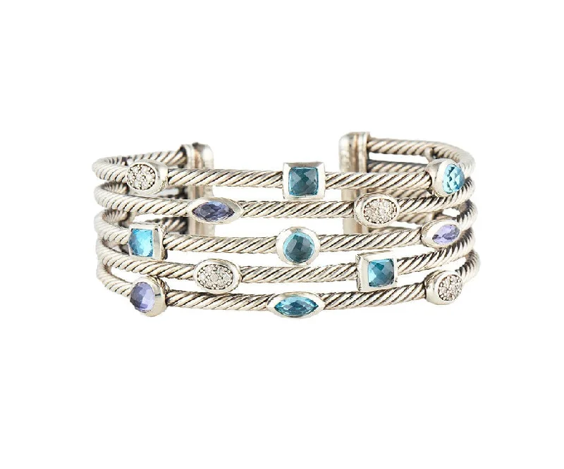 David Yurman Confetti Blue Topaz Iolite &0.28ctw Diamonds Five Row Cuff Sterling