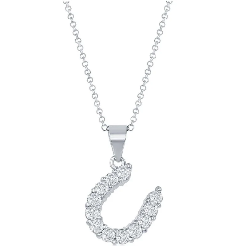 Women’s chokers with pendants-Classic Women's Pendant with Chain - Sterling Silver CZ Stone Horse Shoe | HP-3435