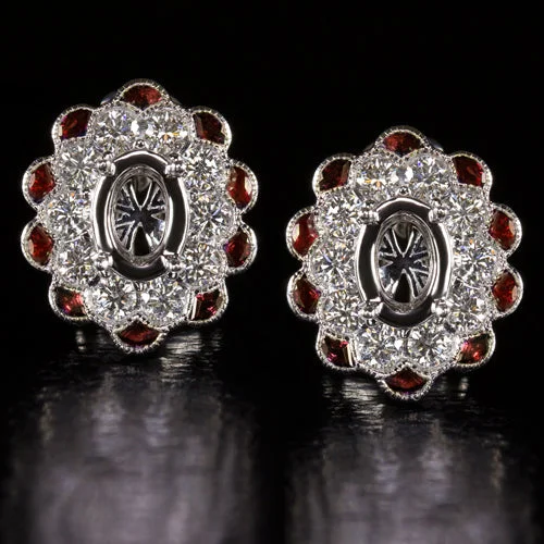 Women’s multicolor earrings-VINTAGE STYLE 1ct G VS IDEAL CUT DIAMOND RUBY OVAL HALO EARRING SETTING CALIBRE