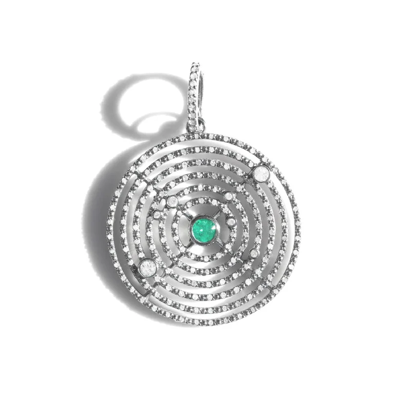 Women’s adjustable necklaces-Pave Diamond & Emerald Solar Orbit Pendant  P0000930