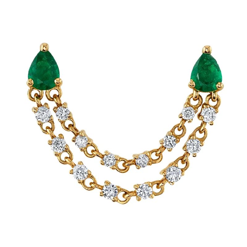 Women’s artistic earrings-Double-Pierce Emerald Diamond Chain Earring