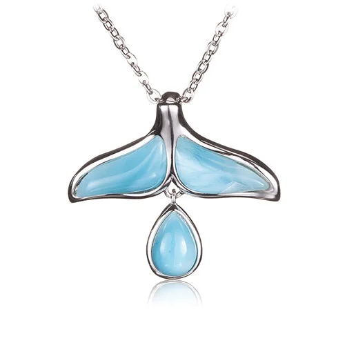 Women’s handmade necklaces-Larimar Whale Taile Sterling Silver Pendant with Hanging Water Drop(Chain Sold Separately)