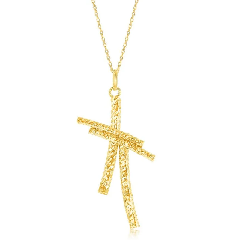 Women’s colorful necklaces-Sterling Silver Gold Plated Diamond-Cut Double Cross Pendant