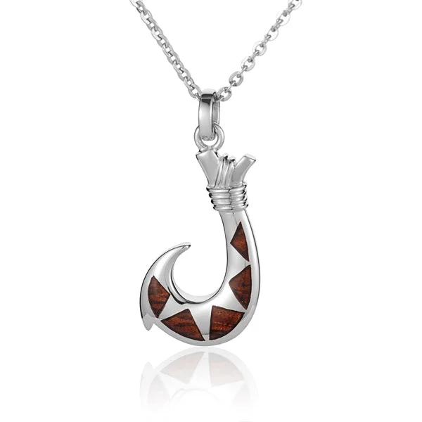 Women’s cross necklaces-Small Solid Silver Fish Hook Hawaiian Koa Wood Inlaid Pendant (Chain Sold Separately)