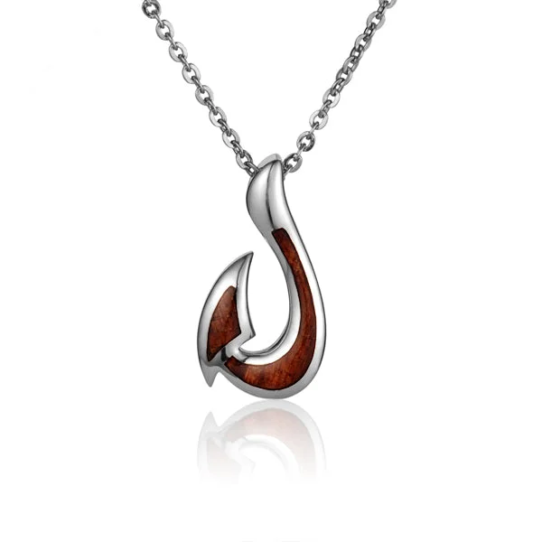 Women’s rhinestone necklaces-Hawaiian Jewelry Koa Wood Solid Silver Fishhook Pendant (Chain Sold Separately)