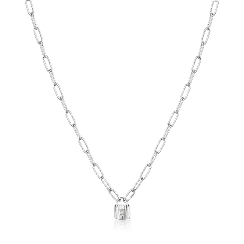 Women’s pearl and diamond necklaces-SILVER CHUNKY CHAIN PADLOCK NE