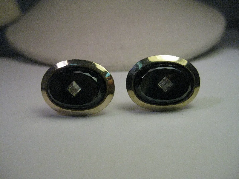 Vintage Gold Tone Cuff Links, Cut Black Stone with Faux Diamond Center, Oval, 1970's