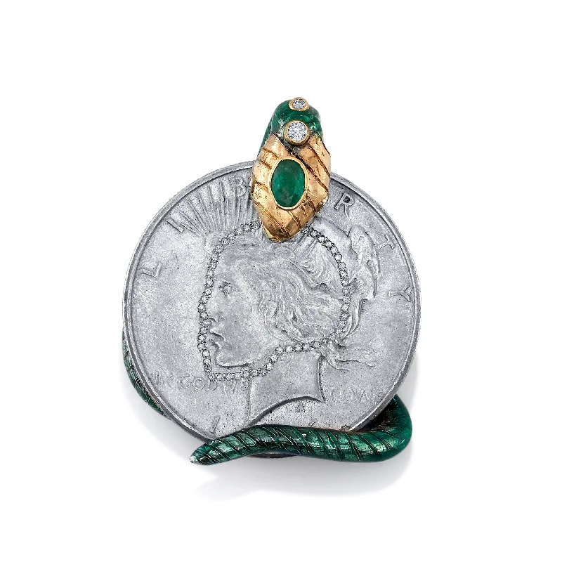 Women’s statement gemstone necklaces-Emerald and Diamond Coin Pendant