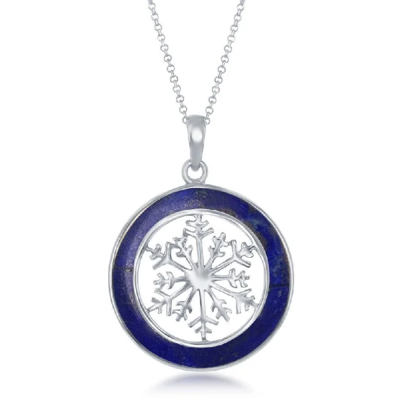 Women’s gold necklaces-Sterling Silver Snowflake Round Pendant With Chain - Lapis