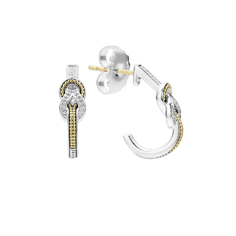 Women’s silver earrings-Two Tone Knot Diamond Half Hoop Earring