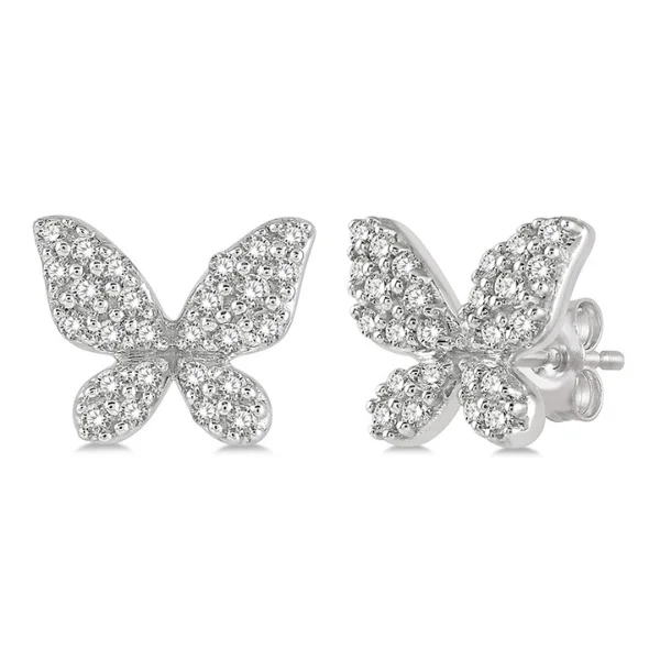 Women’s solid gold earrings-1/5 ctw Butterfly Motif Round Cut Diamond Petite Fashion Earring in 10K White Gold