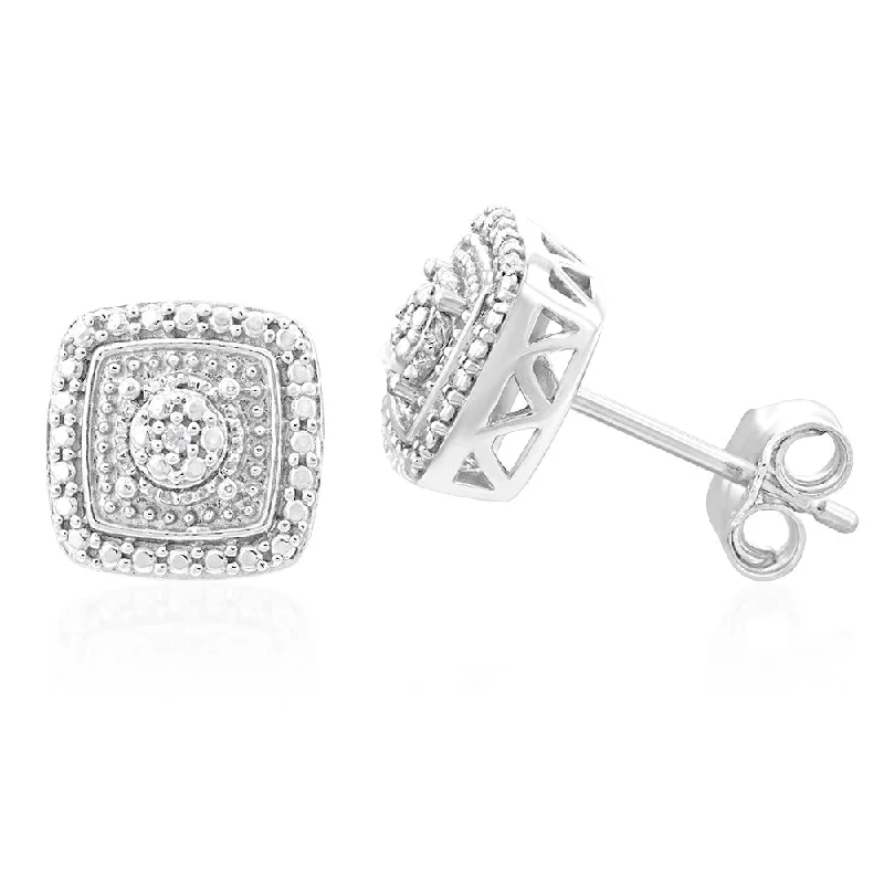 Women’s vintage hoop earrings-Sterling Silver With 2 Diamond Cushion Shape Earring Stud