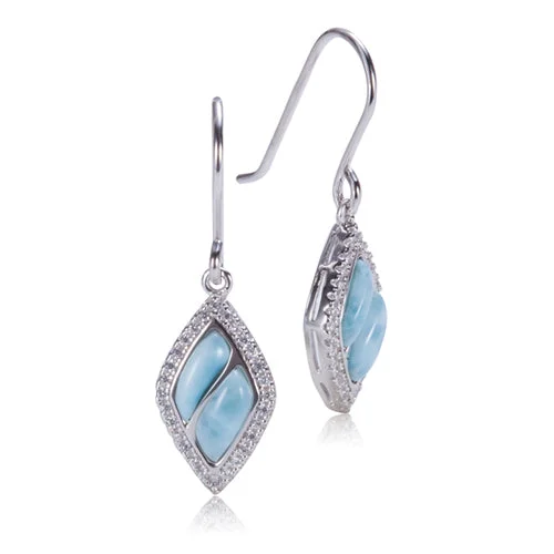 Women’s silver drop earrings-Diamond Shape Larimar Sterling Silver Hook Earring Pave Cubic Zirconia