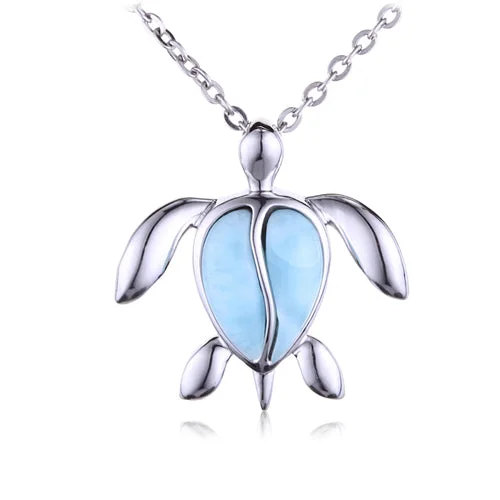 Women’s fashion statement necklaces-Larimar Honu(Turtle) Sterling Silver Pendant(Chain Sold Separately)