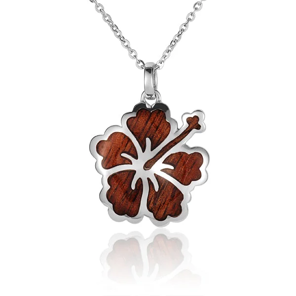 Women’s layered chain necklaces-KOA Wood inlaid Sterling Silver Hibiscus Pendant (Chain Sold Separately)