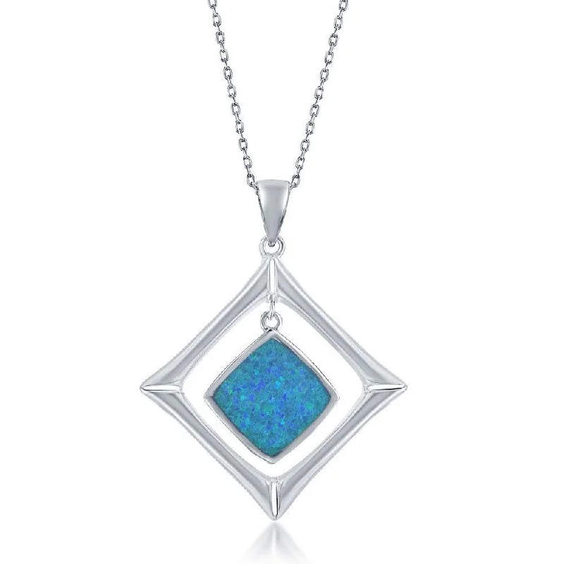 Women’s boho style necklaces-Sterling Silver Diamond-Shaped Blue Inlay Pendant