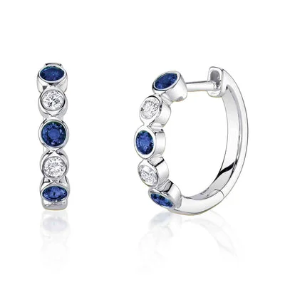 Women’s adjustable earrings-0.16CT DIAMOND & 0.45CT BLUE SAPPHIRE BEZEL HUGGIE EARRING