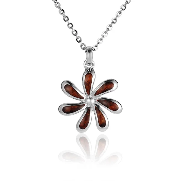 Women’s intricate necklaces-Hawaiian Jewelry Koa Wood inlaid Solid Silver Tiare Pendant (Chain Sold Separately)