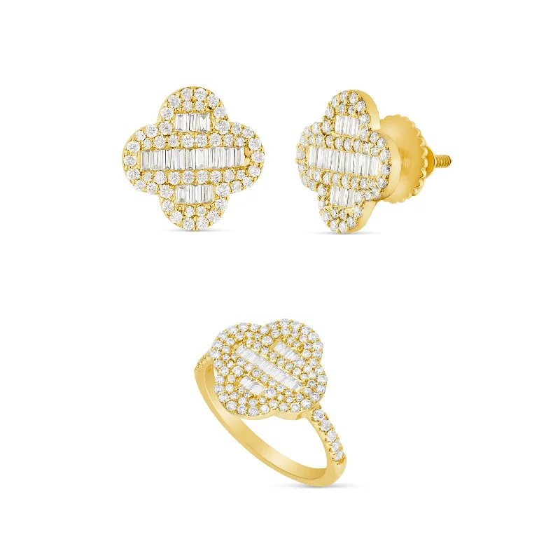 Women’s chunky gold earrings-Baguette Diamond Clover Ring and Earring Matching Gift Set - ON SALE