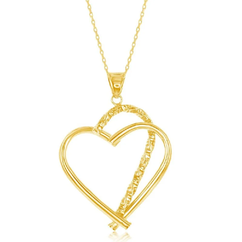 Women’s heart pendant necklaces-Sterling Silver Gold Plated Diamond-Cut Heart Pendant