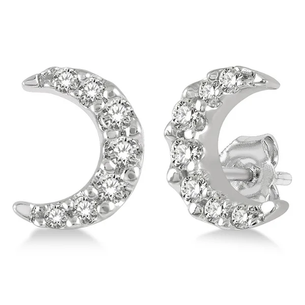 Women’s statement pearl earrings-1/10 ctw Crescent Moon Round Cut Diamond Petite Fashion Earring in 10K White Gold