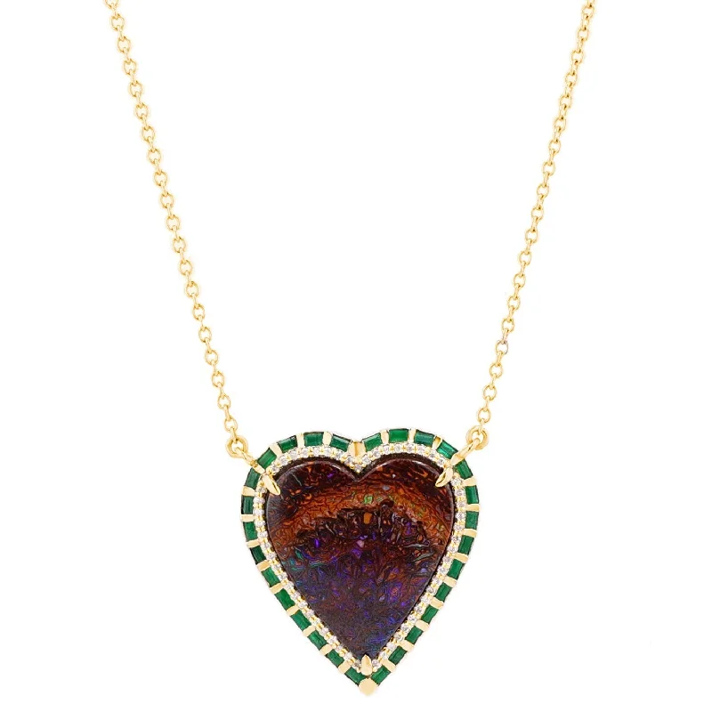 Women’s luxury diamond necklaces-14k Opal Heart with Emerald Baguette Halo on Cable Chain SNG00156