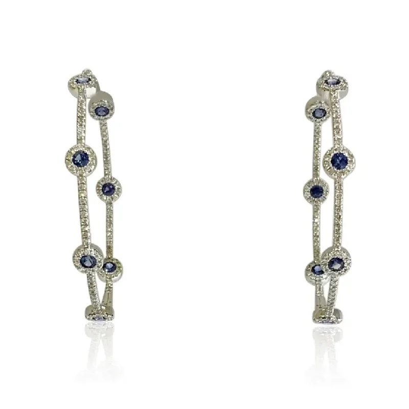 Women’s small earrings-White Gold Blue Sapphire and Diamond Large inside out Hoop Earring