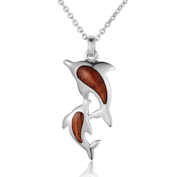 Women’s engraved necklaces-Hawaiian Jewelry Koa Wood Solid Silver Twins Dolphin Pendant (Chain Sold Separately)