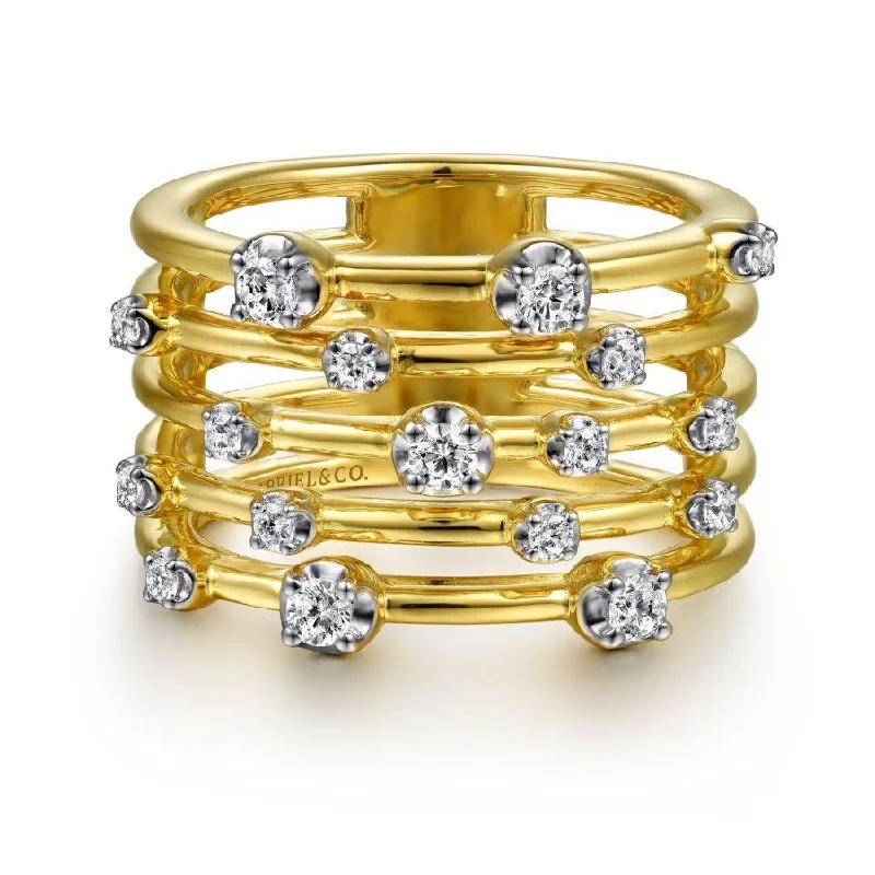 Women’s round cut engagement rings-Gabriel & Co. - LR52179Y45JJ - 14K Yellow Gold Multi Row Diamond Wide Band