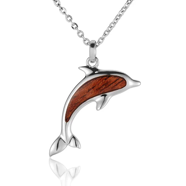 Women’s turquoise necklaces-Hawaiian Jewelry Koa Wood inlaid Solid Silver Dolphin Pendant (Chain Sold Separately)