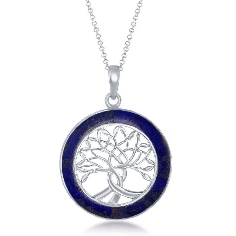 Women’s pearl and diamond necklaces-Sterling Silver Tree of Life Round Pendant With Chain - Lapis