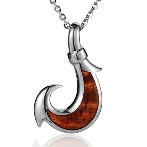 Women’s vintage necklaces-925 Sterling Silver Koa Wood Inlaid Fish Hook Pendant(L) (Chain Sold Separately)