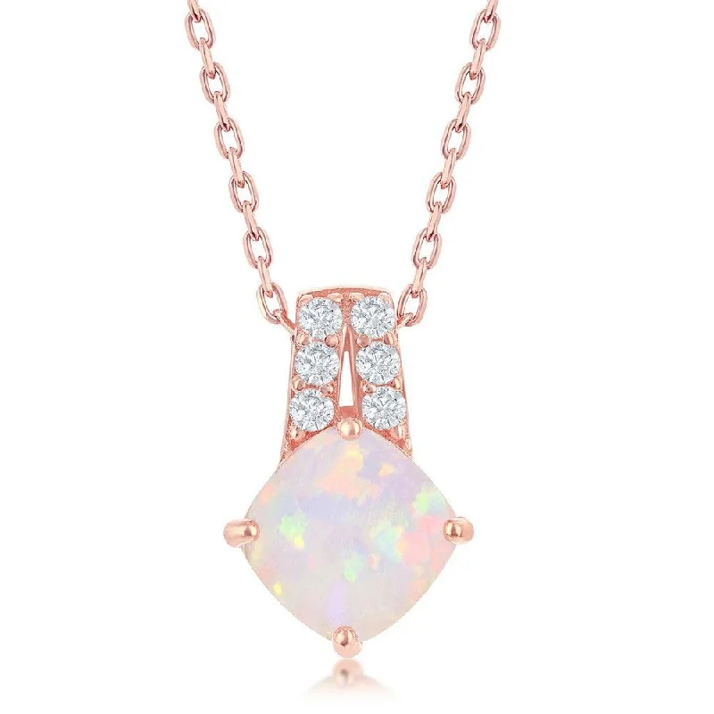 Women’s pendant necklaces-Sterling Silver Double Row CZ Four-Prong Diamond-Shaped White Opal Pendant - Rose Gold Plated