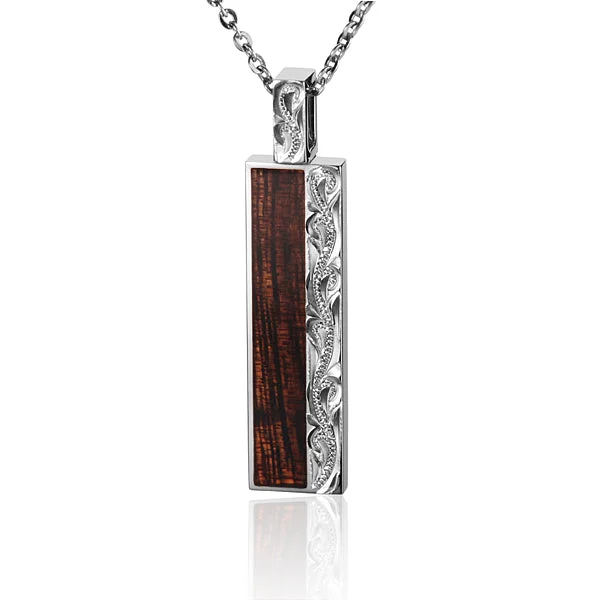 Women’s gemstone necklaces-Hawaiian Hand-made Scroll Engraving Koa Wood Inlaid Vertical Pendant (Chain Sold Separately)