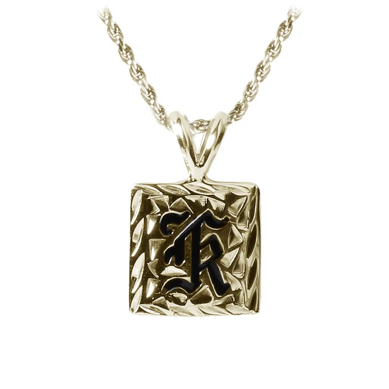 Women’s pendant necklaces-14K Gold Custom-Made Heirloom Initial Pendant Black Enamel Letter Diamond Cut Edge 12mm (Thickness 1.5mm)