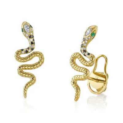 Women’s nature-inspired earrings-0.16CT BLACK & WHITE DIAMOND & 0.04CT EMERALD SNAKE STUD EARRING